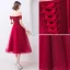 Chic / Beautiful Burgundy Evening Dresses  2019 A-Line / Princess Off-The-Shoulder Beading Crystal Lace Flower Short Sleeve Backless Tea-length Formal Dresses