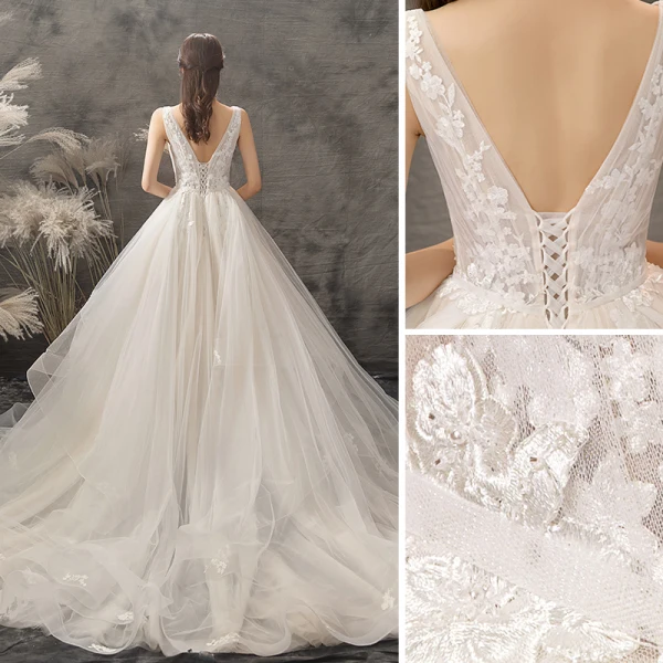 Élégant Champagne Robe De Mariée 2019 Princesse Encolure Dégagée Appliques Cristal En Dentelle Fleur Sans Manches Dos Nu Chapel Train
