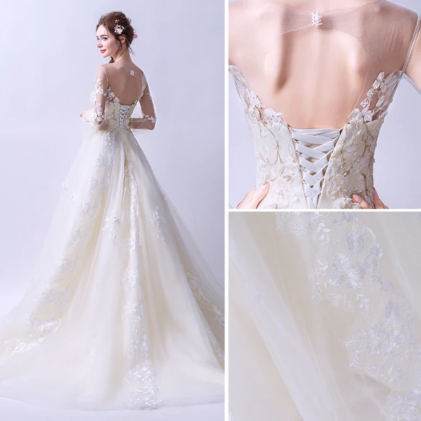 Charming Champagne Wedding Dresses 2019 A-Line / Princess V-Neck Beading Lace Flower Bell sleeves Backless Sweep Train