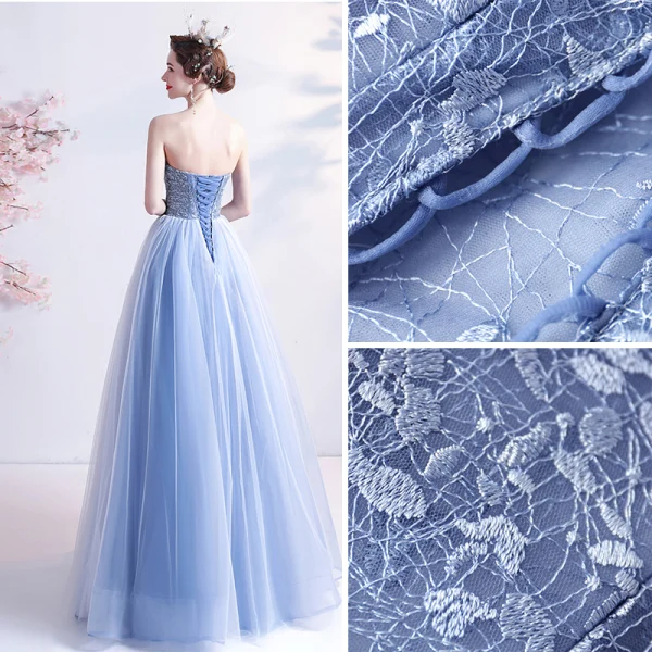 Modern / Fashion Sky Blue Lace Flower Prom Dresses Backless 2021 A-Line / Princess Strapless Sleeveless Floor-Length / Long Formal Dresses