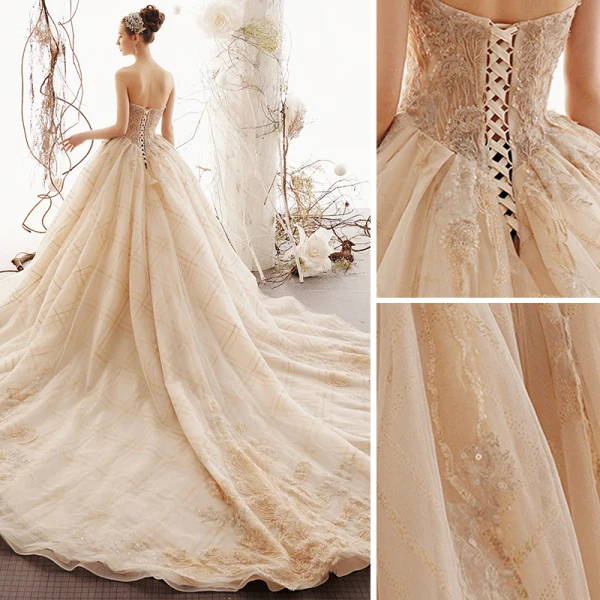 Charmant Champagne Robe De Mariée 2019 Princesse Amoureux Perlage En Dentelle Fleur Paillettes Sans Manches Dos Nu Cathedral Train