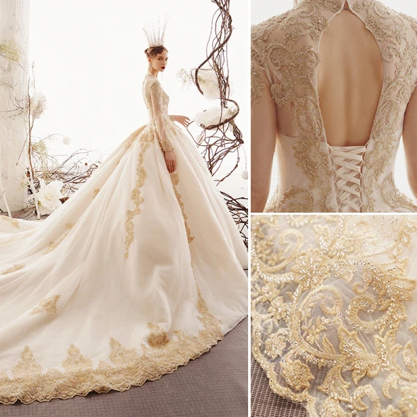 Luxus / Herrlich Champagner Brautkleider / Hochzeitskleider 2019 Ballkleid Tiefer V-Ausschnitt Perlenstickerei Spitze Blumen Lange Ärmel Rückenfreies Kathedrale Schleppe
