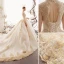 Luxus / Herrlich Champagner Brautkleider / Hochzeitskleider 2019 Ballkleid Tiefer V-Ausschnitt Perlenstickerei Spitze Blumen Lange Ärmel Rückenfreies Kathedrale Schleppe