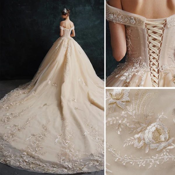 Luxe Champagne Robe De Mariée 2019 Robe Boule De l'épaule Perlage Perle En Dentelle Fleur Paillettes Manches Courtes Dos Nu Cathedral Train