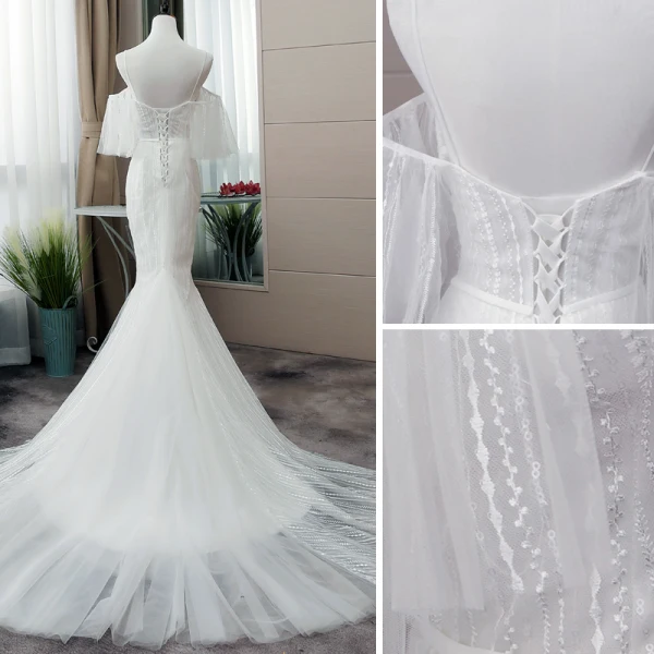 Élégant Blanche Robe De Mariée 2019 Trompette / Sirène Bretelles Spaghetti Paillettes Manches Courtes Dos Nu Cathedral Train