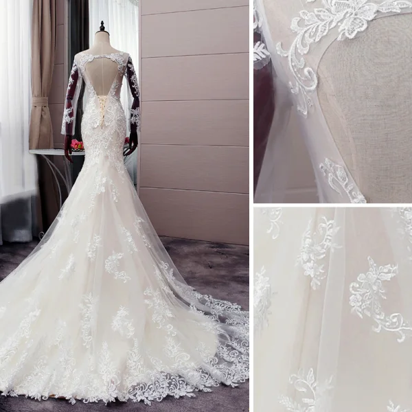 Sexy Champagne Wedding Dresses 2019 Trumpet / Mermaid Scoop Neck Sequins Pearl Lace Flower Long Sleeve Backless Court Train
