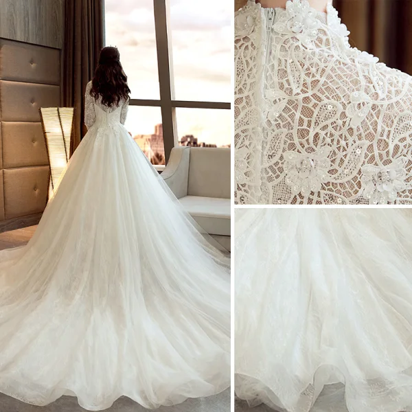 Elegant Ivory Wedding Dresses 2019 A-Line / Princess Scoop Neck Beading Pearl Sequins Lace Flower 3/4 Sleeve Cathedral Train