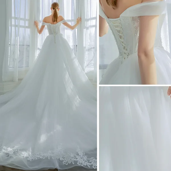 Elegant Ivory Wedding Dresses 2019 A-Line / Princess Off-The-Shoulder Beading Sequins Bow Sleeveless Backless Chapel Train