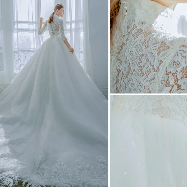 Elegant Ivory Wedding Dresses 2019 A-Line / Princess High Neck Lace Flower Buttons 3/4 Sleeve Chapel Train