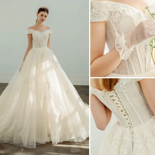 Élégant Champagne Robe De Mariée 2019 Princesse De l'épaule Perlage Paillettes En Dentelle Fleur Manches Courtes Cathedral Train