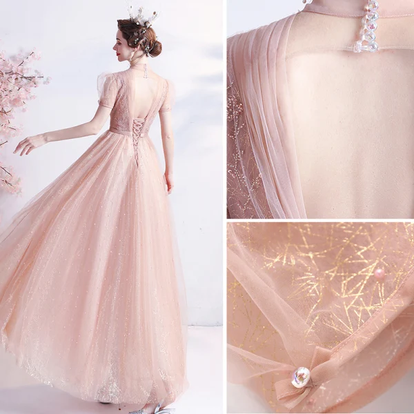 Fashion Blushing Pink Homecoming Graduation Dresses 2021 A-Line / Princess High Neck Beading Pearl Sequins Short Sleeve Backless Floor-Length / Long Formal Dresses