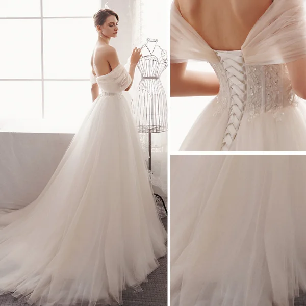 Élégant Champagne Robe De Mariée 2019 Princesse De l'épaule Paillettes En Dentelle Fleur Manches Courtes Dos Nu Train De Balayage