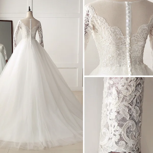 Chic / Beautiful Ivory Wedding Dresses 2019 A-Line / Princess Scoop Neck Buttons Lace Flower Long Sleeve Sweep Train