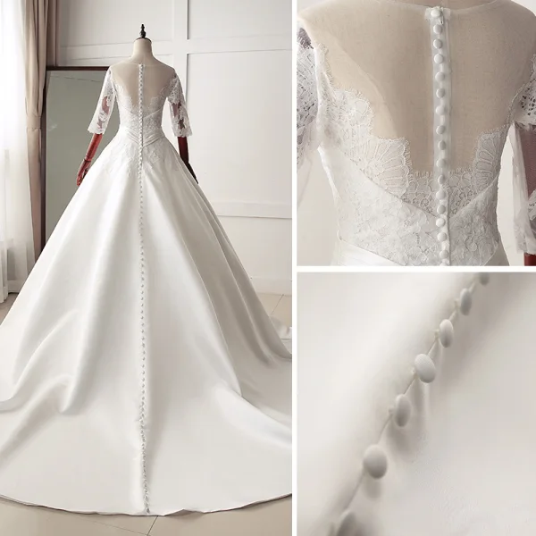 Classique Ivoire Robe De Mariée 2019 Princesse Encolure Dégagée En Dentelle Fleur 1/2 Manches Chapel Train