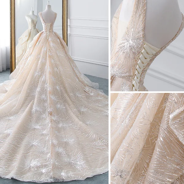 Luxury / Gorgeous Champagne Wedding Dresses 2019 A-Line / Princess V-Neck Sequins Cascading Ruffles Sleeveless Backless Cathedral Train