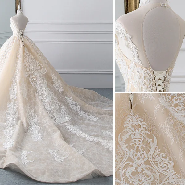 Luxury / Gorgeous Champagne Wedding Dresses 2019 A-Line / Princess High Neck Beading Pearl Crystal Lace Flower Sleeveless Backless Cathedral Train