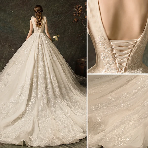 Charmant Champagner Brautkleider / Hochzeitskleider 2019 A Linie Durchsichtige Tiefer V-Ausschnitt Spitze Blumen Applikationen Ärmellos Rückenfreies Kathedrale Schleppe