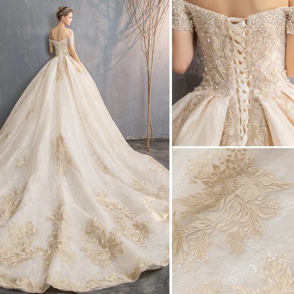 Audrey Hepburn Style Champagne Wedding Dresses 2019 A-Line / Princess Off-The-Shoulder Beading Pearl Lace Flower Short Sleeve Backless Cathedral Train