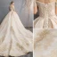 Audrey Hepburn Style Champagne Wedding Dresses 2019 A-Line / Princess Off-The-Shoulder Beading Pearl Lace Flower Short Sleeve Backless Cathedral Train