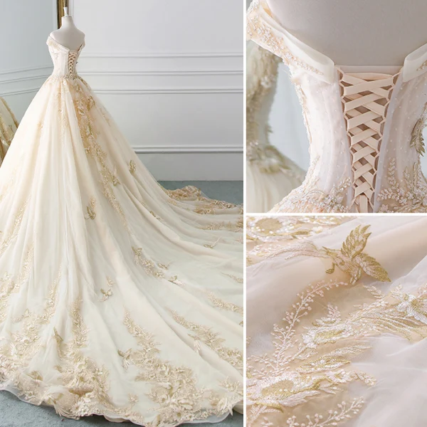 Charming Champagne Wedding Dresses 2019 A-Line / Princess Off-The-Shoulder Rhinestone Lace Flower Short Sleeve Backless Cathedral Train