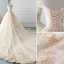 Charming Champagne Wedding Dresses 2019 A-Line / Princess Off-The-Shoulder Rhinestone Lace Flower Short Sleeve Backless Cathedral Train