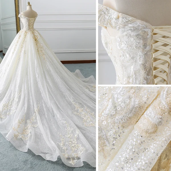 Elegant Champagne Wedding Dresses 2019 A-Line / Princess Off-The-Shoulder Sequins Lace Flower Short Sleeve Backless Cathedral Train