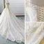 Elegant Champagne Wedding Dresses 2019 A-Line / Princess Off-The-Shoulder Sequins Lace Flower Short Sleeve Backless Cathedral Train