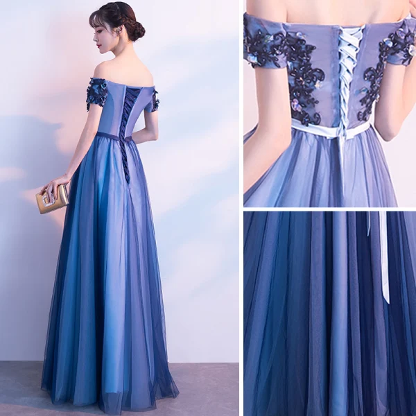 Élégant Bleu Marine Robe De Bal 2018 Princesse Appliques Noeud Perlage Cristal De l'épaule Dos Nu Sans Manches Longue Robe De Ceremonie
