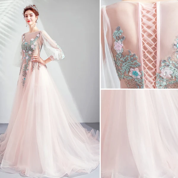 Elegant Blushing Pink Prom Dresses 2019 A-Line / Princess Scoop Neck Embroidered Appliques Pearl Rhinestone 3/4 Sleeve Sweep Train Formal Dresses