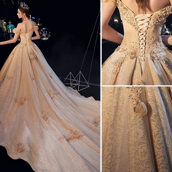 Luxury / Gorgeous Champagne Wedding Dresses 2019 A-Line / Princess Off-The-Shoulder Lace Flower Appliques Crystal Pearl Rhinestone Sequins Short Sleeve Backless Cathedral Train