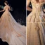 Luxury / Gorgeous Champagne Wedding Dresses 2019 A-Line / Princess Off-The-Shoulder Lace Flower Appliques Crystal Pearl Rhinestone Sequins Short Sleeve Backless Cathedral Train