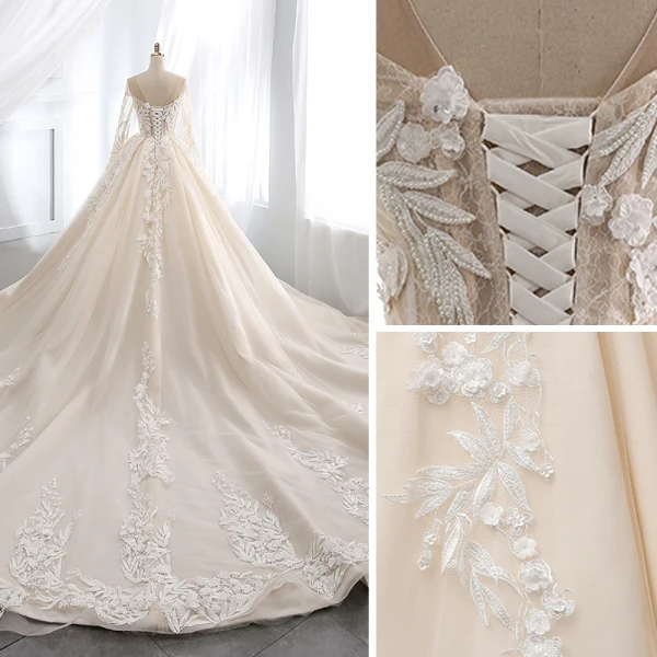 Chic / Beautiful Champagne Wedding Dresses 2019 A-Line / Princess Scoop Neck Lace Flower Appliques Beading Pearl Sequins Long Sleeve Backless Cathedral Train