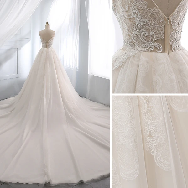 Chic / Beautiful Champagne Wedding Dresses 2019 A-Line / Princess Deep V-Neck Beading Lace Flower Short Sleeve Backless Chapel Train