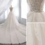 Chic / Beautiful Champagne Wedding Dresses 2019 A-Line / Princess Deep V-Neck Beading Lace Flower Short Sleeve Backless Chapel Train