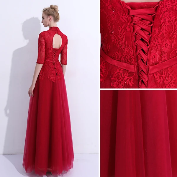 Chinese style Burgundy Evening Dresses 2019 A-Line / Princess High Neck Lace Flower Crystal Sequins Bow 1/2 Sleeves Backless Floor-Length / Long Formal Dresses