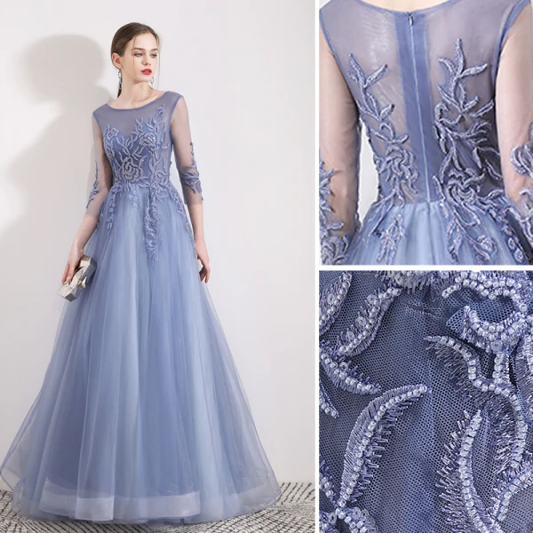 Chic / Beautiful Sky Blue Evening Dresses  2019 A-Line / Princess Scoop Neck Beading Sequins Lace Flower 3/4 Sleeve Floor-Length / Long Formal Dresses
