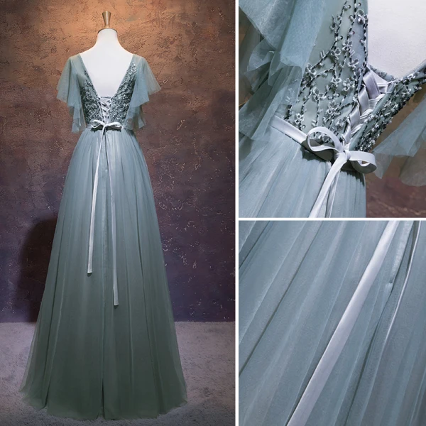 Elegant Sage Green Evening Dresses 2019 A-Line / Princess V-Neck Beading Sequins Lace Flower Bow Short Sleeve Backless Floor-Length / Long Formal Dresses