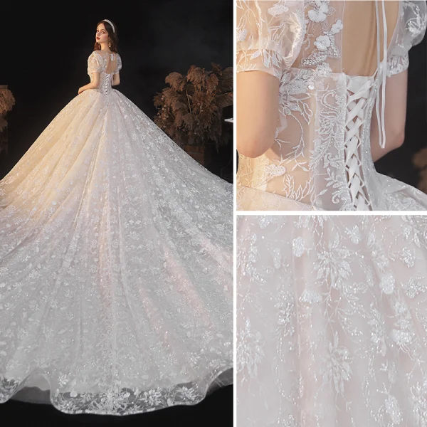 Victorian Style Ivory Lace Flower Wedding Dresses 2021 V-Neck Short Sleeve Backless Royal Train Wedding