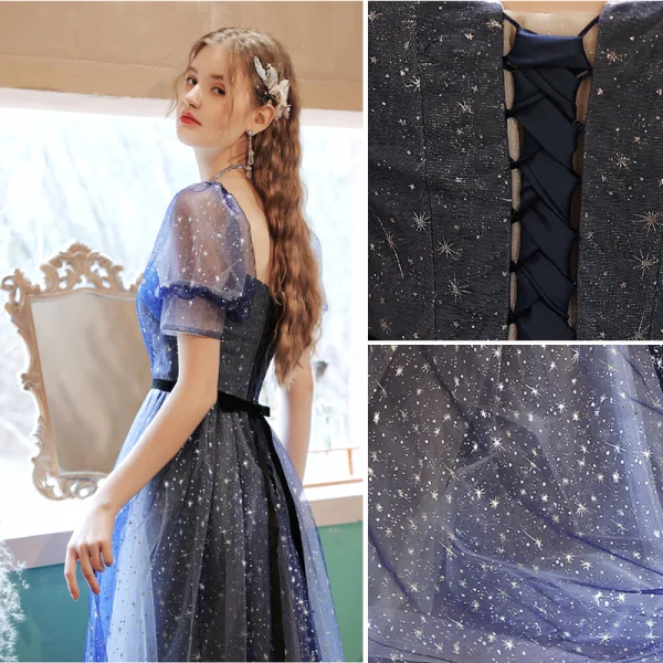 Fashion Ocean Blue Prom Dresses 2021 A-Line / Princess Square Neckline Rhinestone Sequins Short Sleeve Backless Bow Floor-Length / Long Formal Dresses