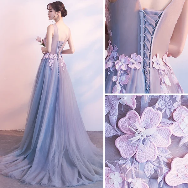 Chic / Belle Robe De Soirée 2018 Princesse Appliques V-Cou Dos Nu Sans Manches Train De Balayage Robe De Ceremonie