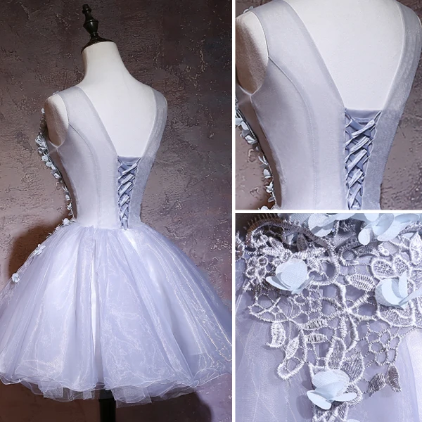 Elegant Grey Party Dresses 2019 A-Line / Princess V-Neck Appliques Lace Flower Sleeveless Backless Short Formal Dresses