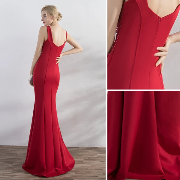 Chic / Beautiful Burgundy Evening Dresses 2019 Trumpet / Mermaid Scoop Neck Beading Pearl Sleeveless Backless Floor-Length / Long Formal Dresses