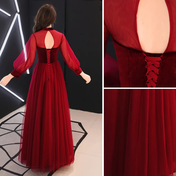 Élégant Bordeaux Robe De Soirée 2019 Princesse Col Haut Daim Noeud Manches Longues Dos Nu Longue Robe De Ceremonie