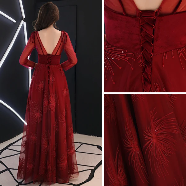 Elegant Burgundy Evening Dresses 2019 A-Line / Princess Scoop Neck Suede Bow Sequins Long Sleeve Backless Floor-Length / Long Formal Dresses