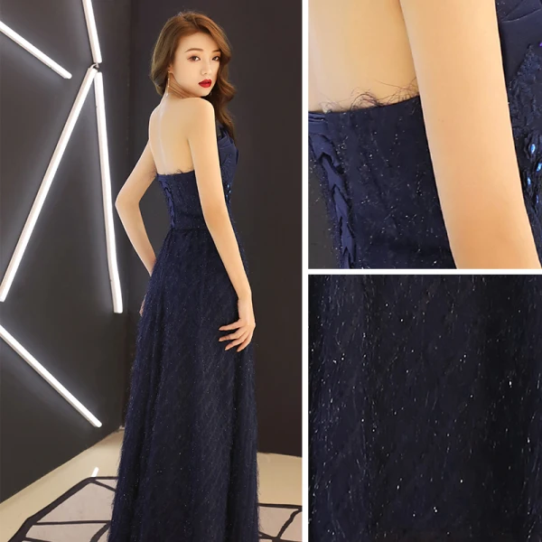 Chic / Beautiful Navy Blue Mother Of The Bride Dresses With Shawl 2019 A-Line / Princess Strapless Crystal Lace Flower Tassel Sleeveless Backless Floor-Length / Long