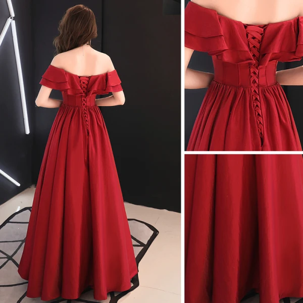 Modest / Simple Burgundy Prom Dresses 2019 A-Line / Princess Off-The-Shoulder Short Sleeve Backless Floor-Length / Long Formal Dresses