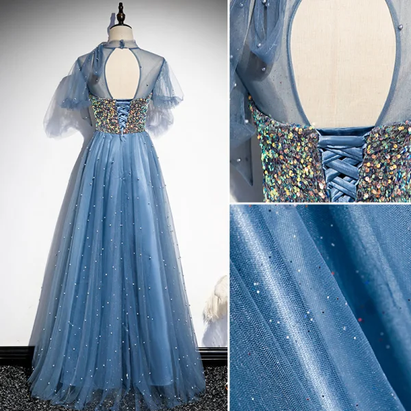 Fabuleux Océan Bleu Perlage Paillettes Robe De Bal 2021 Princesse Col Haut Manches Courtes Dos Nu Perle Longue Robe De Ceremonie