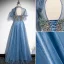 Fabuleux Océan Bleu Perlage Paillettes Robe De Bal 2021 Princesse Col Haut Manches Courtes Dos Nu Perle Longue Robe De Ceremonie