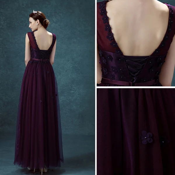 Chic / Beautiful Grape Bridesmaid Dresses 2018 A-Line / Princess Bow Flower Scoop Neck Backless Sleeveless Floor-Length / Long Wedding Party Dresses
