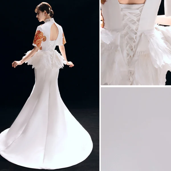 Chinese style Vintage / Retro Ivory Evening Dresses 2019 Trumpet / Mermaid High Neck Embroidered 1/2 Sleeves Backless Court Train Formal Dresses